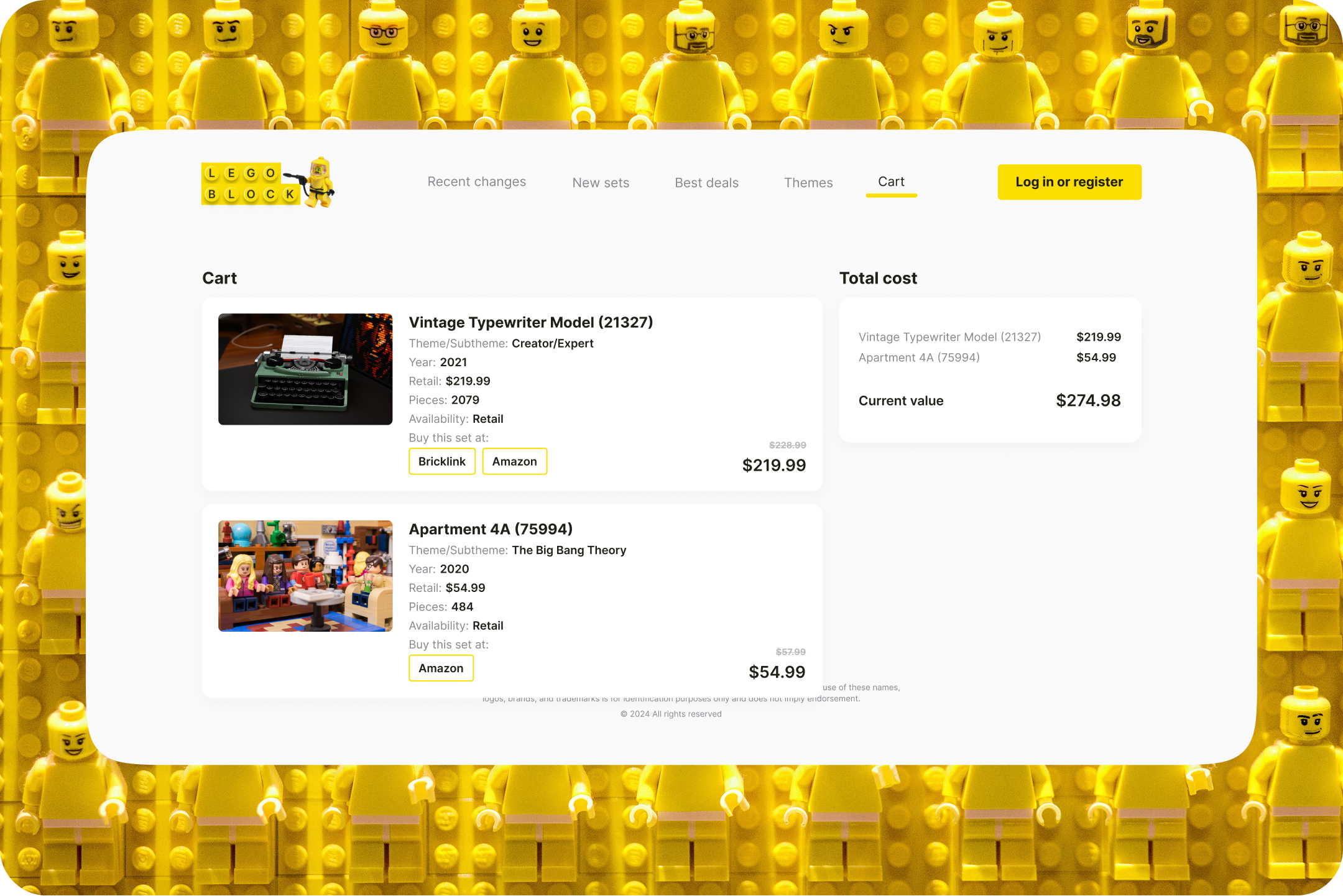 Cart comparing the total cost of saved sets across retailers
